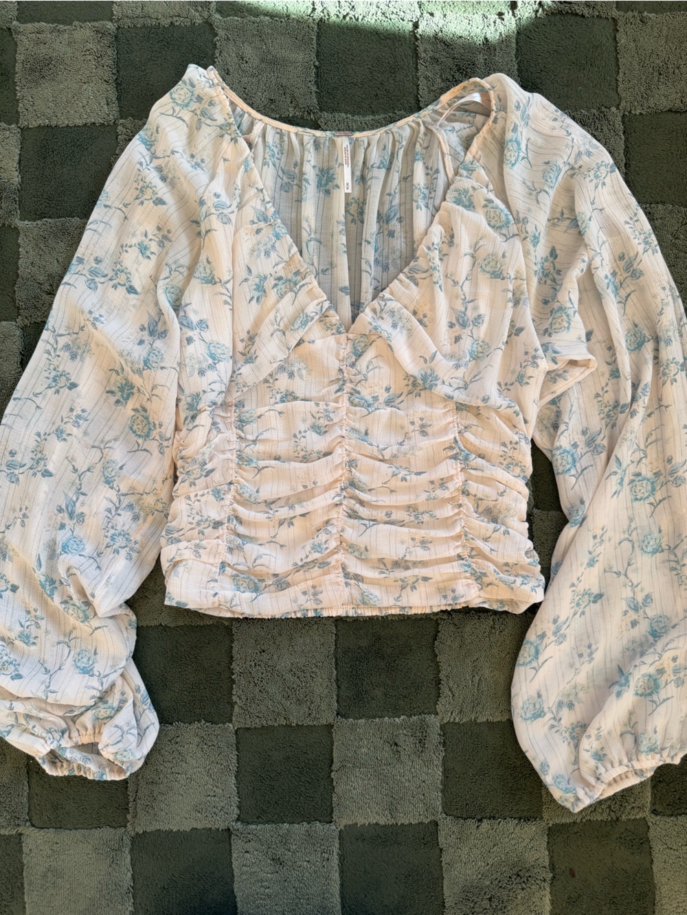 Free People Cream Floral Smocked V-Neck Blouse